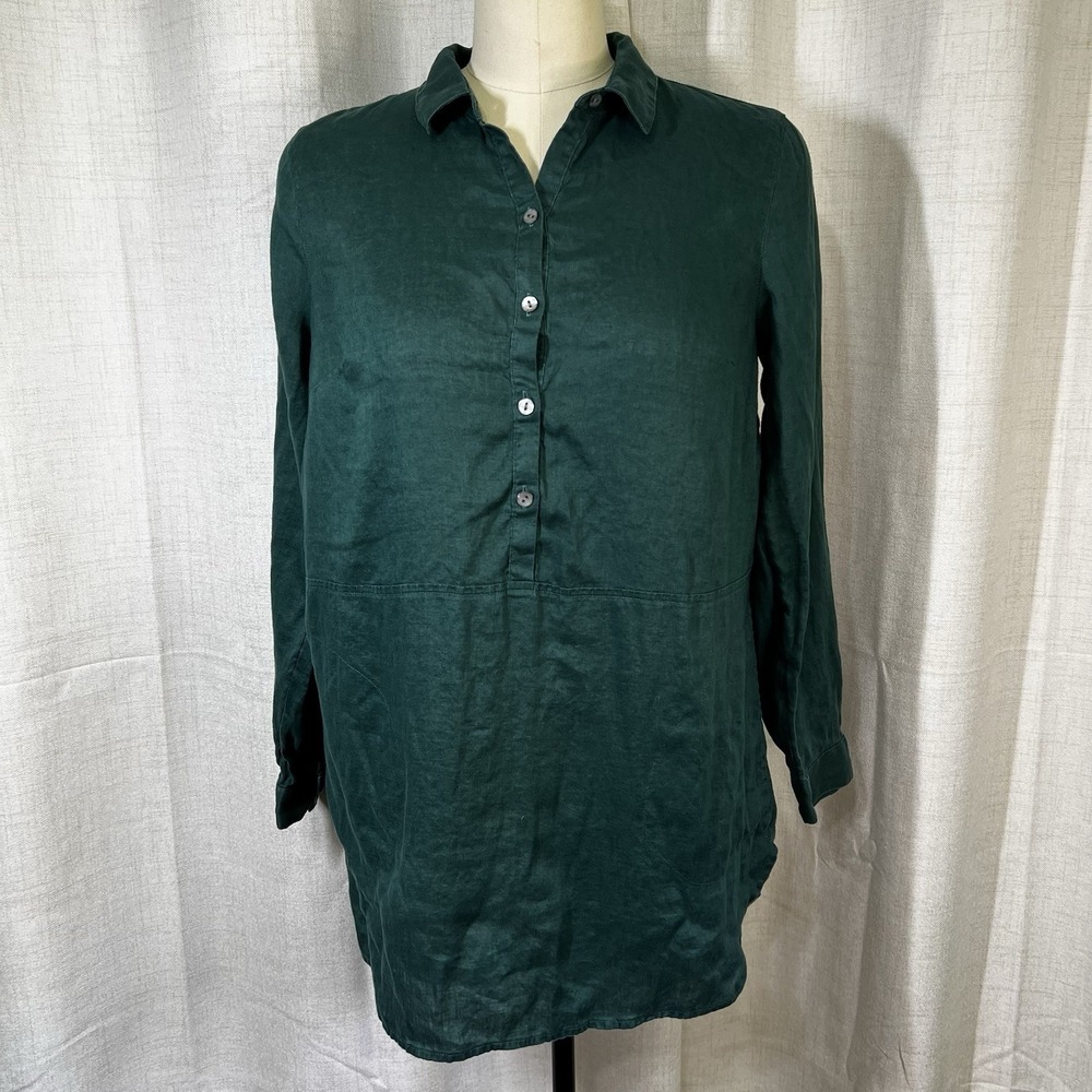 J Jill Love Linen Top Womens Small Hunter Green Tunic Roll Up Sleeves Henley